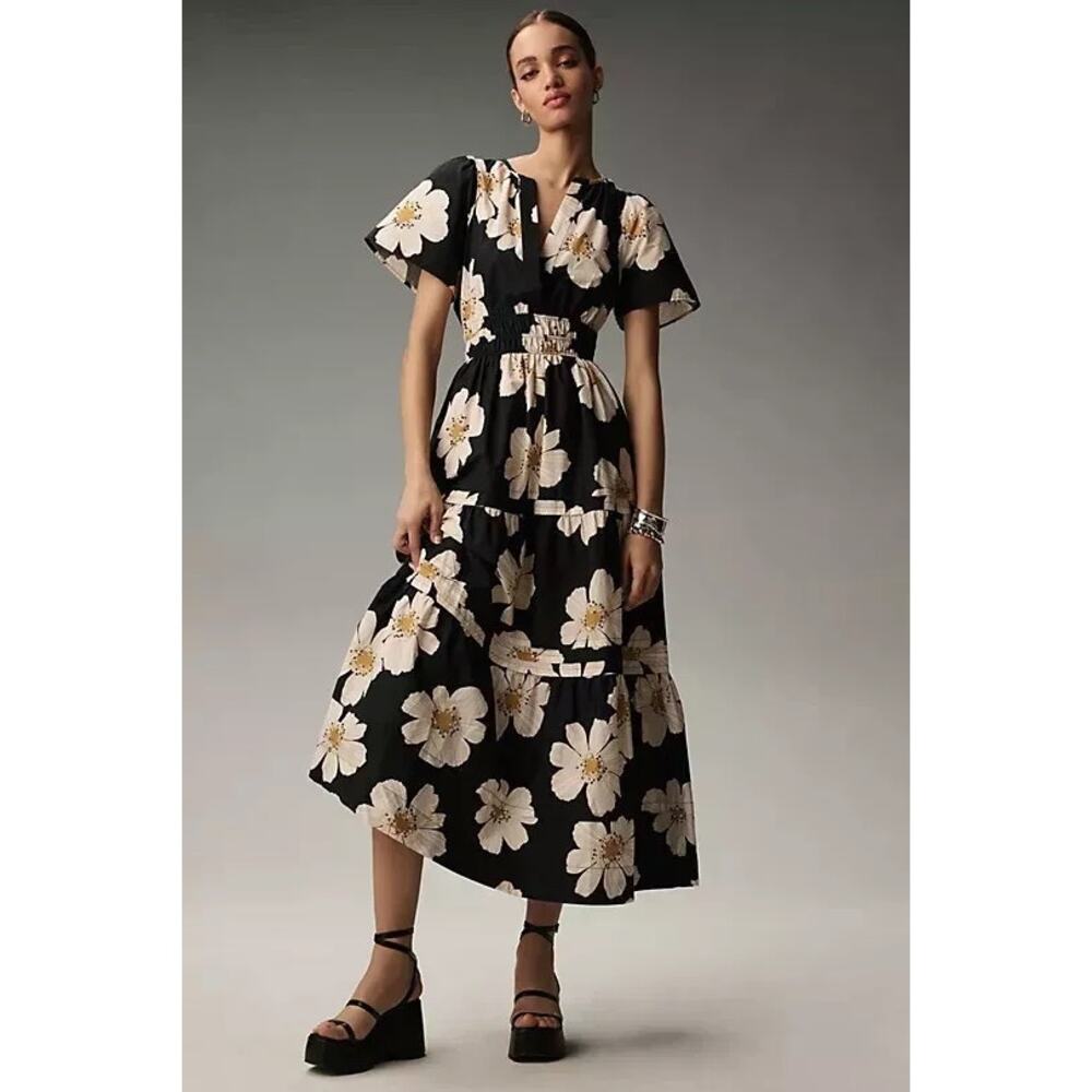 Anthropologie Somerset Maxi Dress Black with White Floral Daisy Medium